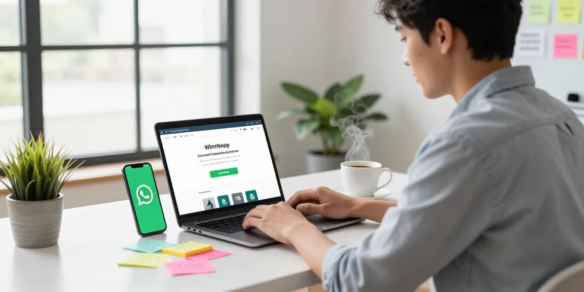 WhatsApp下載 on a modern workspace with a laptop showing the app download and motivational items.