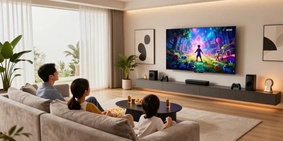 Family enjoying their OLED TV 2026 experience in a modern living room with cozy ambiance.