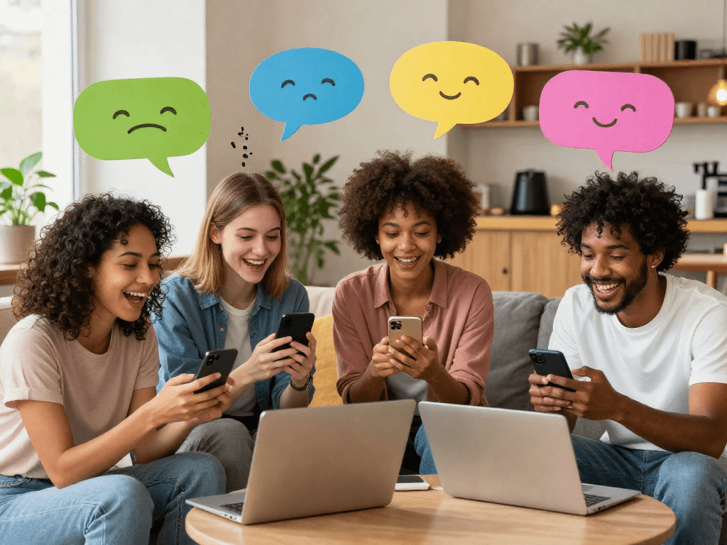 Spicy chat conversation among friends with vibrant emojis in a cozy setting.