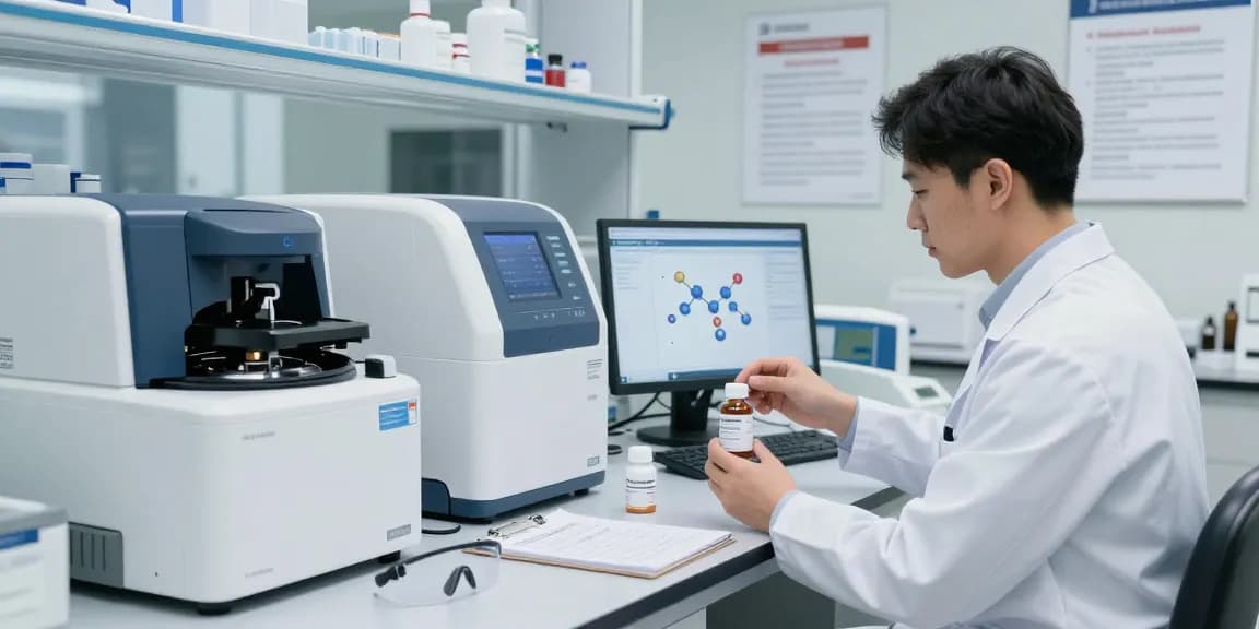 Examination of third-party tested peptides in a modern laboratory setting, emphasizing health and science.