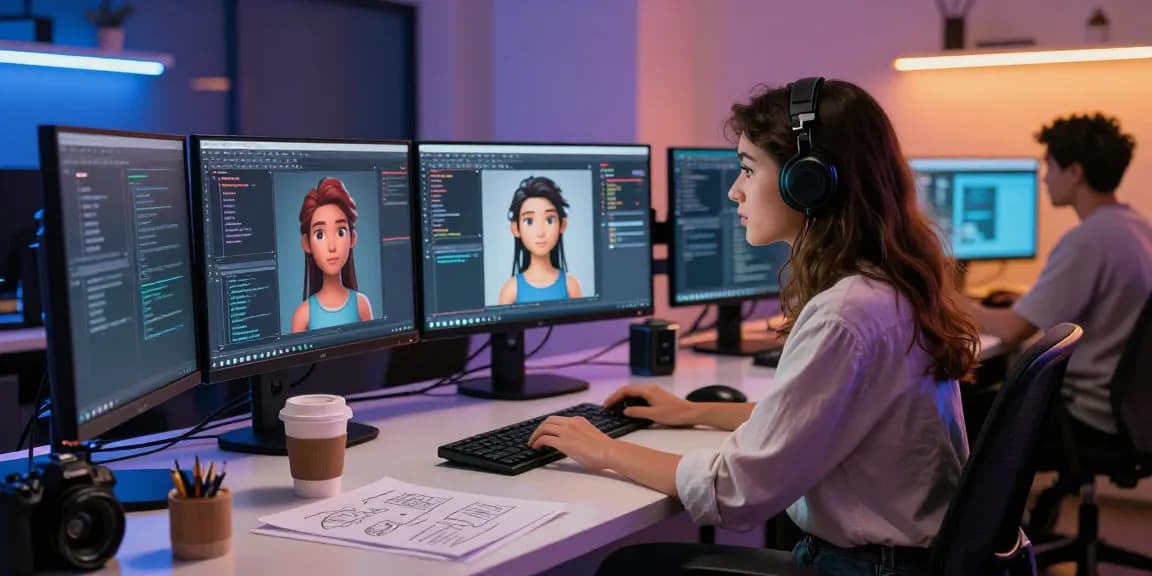 Creative workspace featuring innovative AI developers focused on 18+ ai character modeling and design.