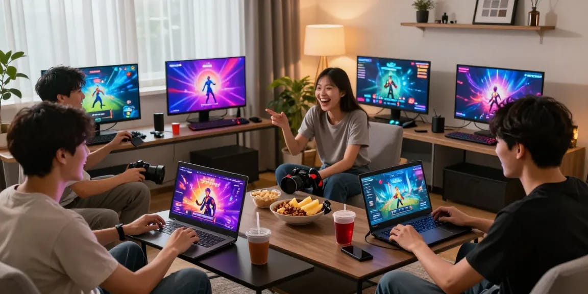 Engaged players enjoying free porn games in a colorful gaming setup with interactive scenes.