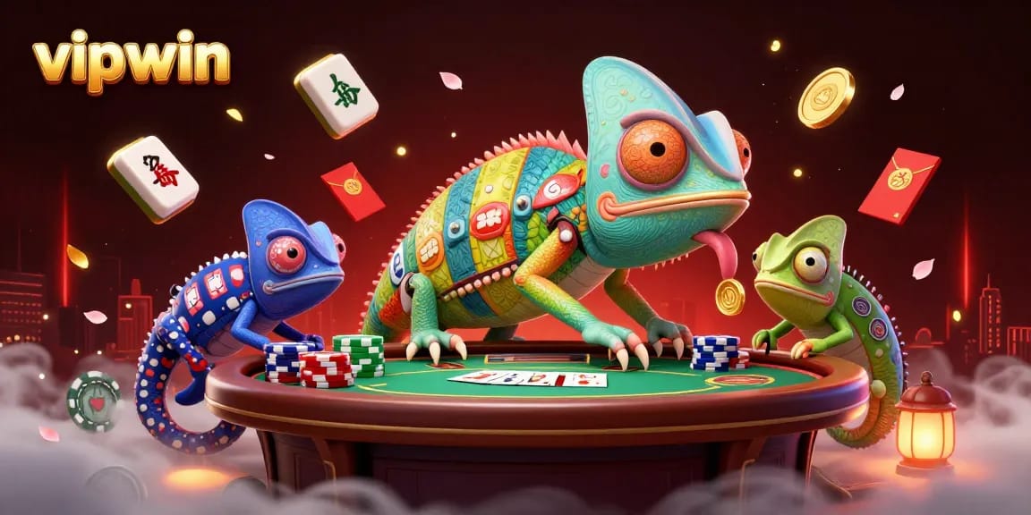 Experience the vibrant world of vipwin with a chameleon casino owner surrounded by poker and fortune elements.