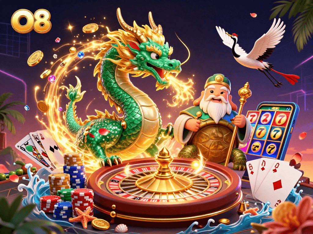 Experience the excitement of O8 with a dragon, turtle sage, and lucky cranes in this vibrant casino scene.