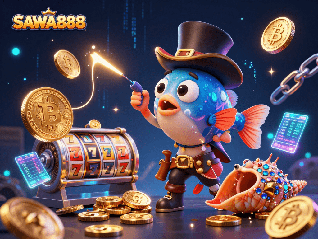 SAWA888 enchanting slot experience with vibrant 3D characters attracting golden coins and crypto coins.