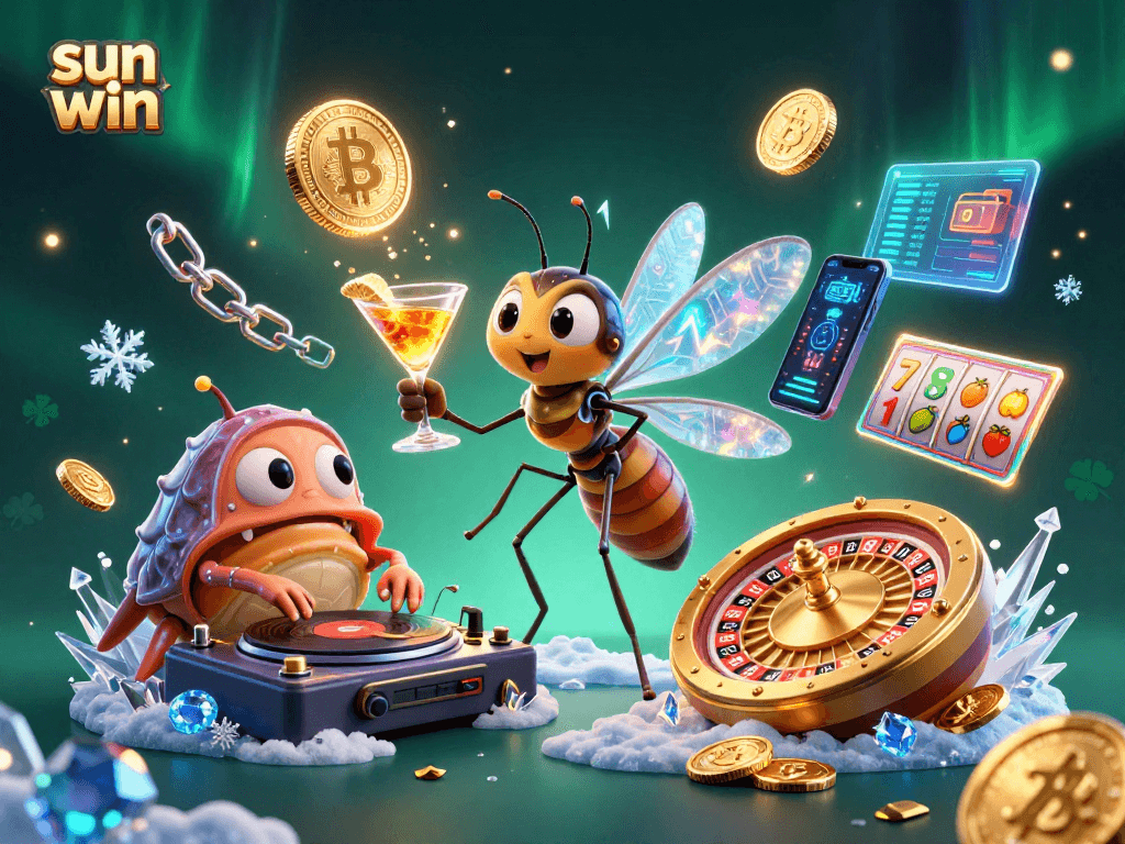 Experience the thrill of sun win with a dynamic 3D casino mascot scene featuring fossil-themed characters and crypto elements.