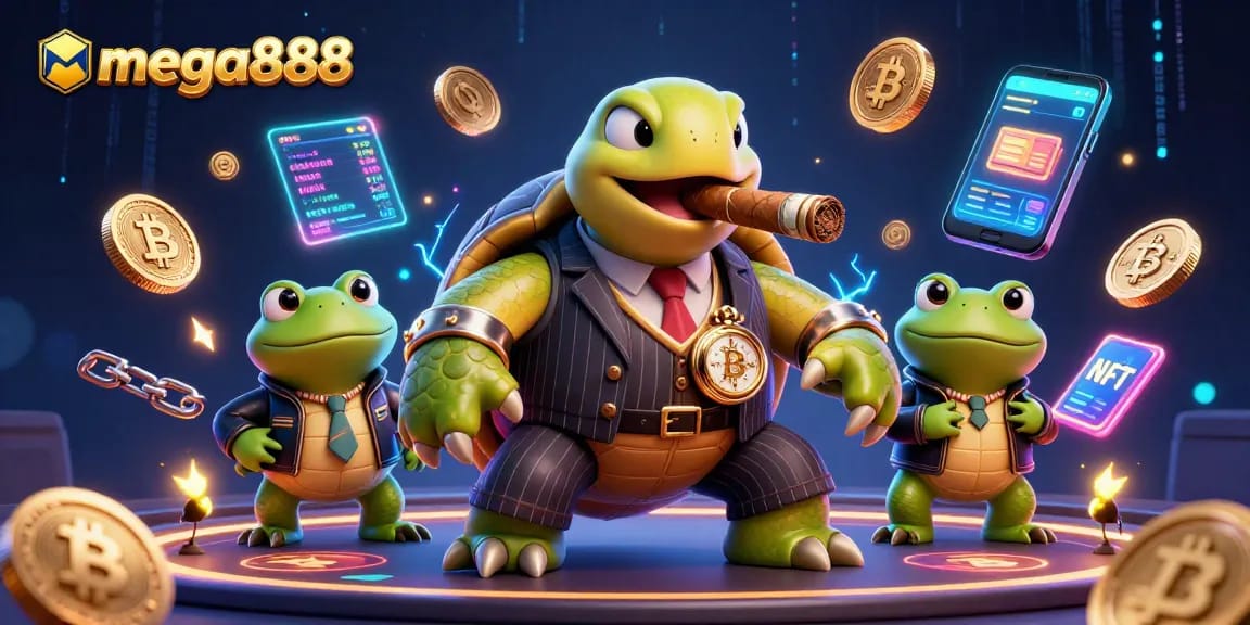 Engage with mega888 by exploring the vibrant casino scene filled with animated characters and digital currency.