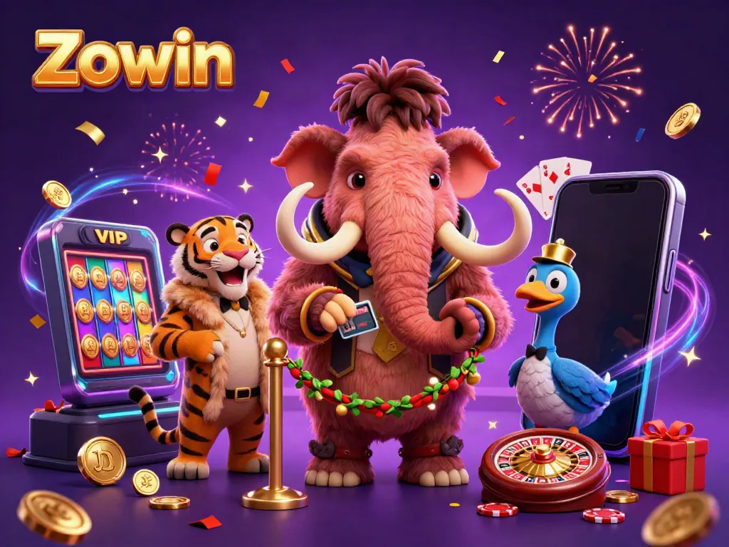 Zowin promotes a vibrant casino atmosphere with cartoon characters and gaming elements.