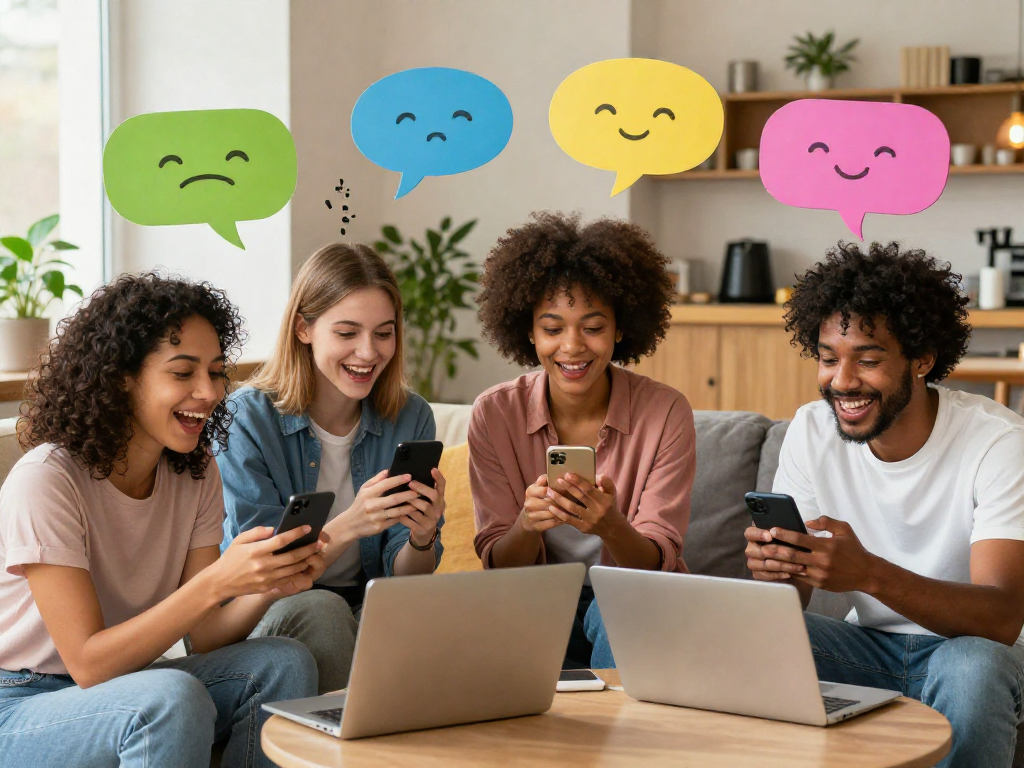 Spicy chat conversation among friends with vibrant emojis in a cozy setting.