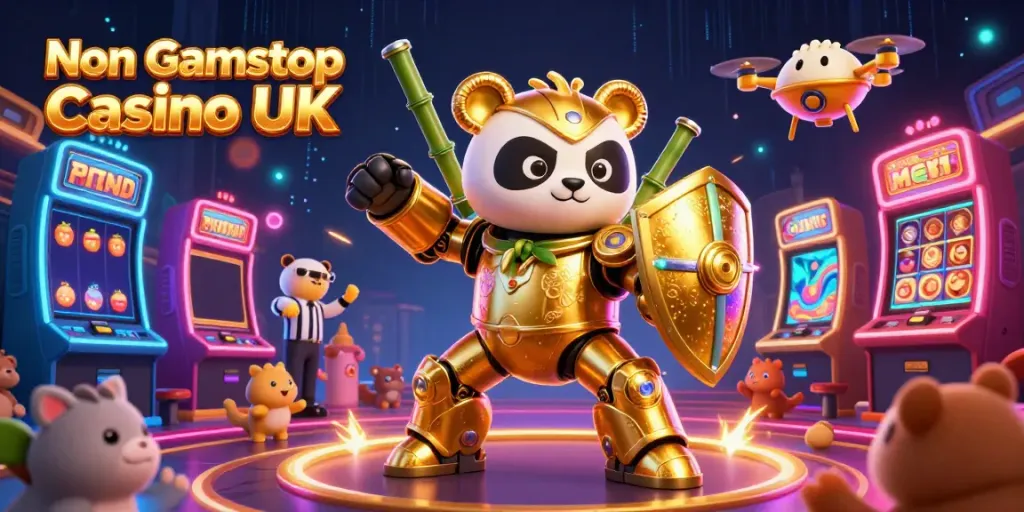 Experience thrilling gameplay at Non Gamstop Casino UK with a golden panda in a vibrant casino arena.