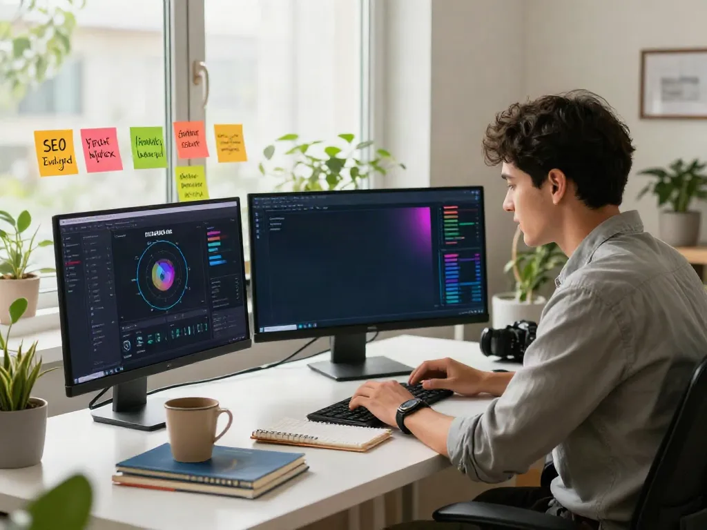 Marketer using an instant indexing tool on a laptop in a bright, organized workspace