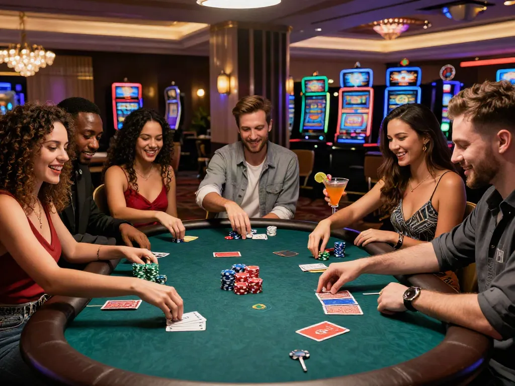 Friends playing poker at a stylish casino, showcasing elements of excitement around http://11bet-app.net/.