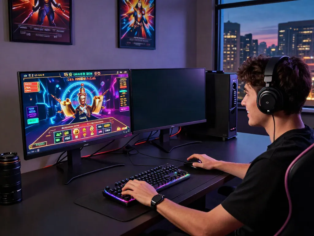 Player engaging with http://sin88-onl.com/ casino games on a dual-screen setup, vibrant atmosphere, immersive gaming experience.