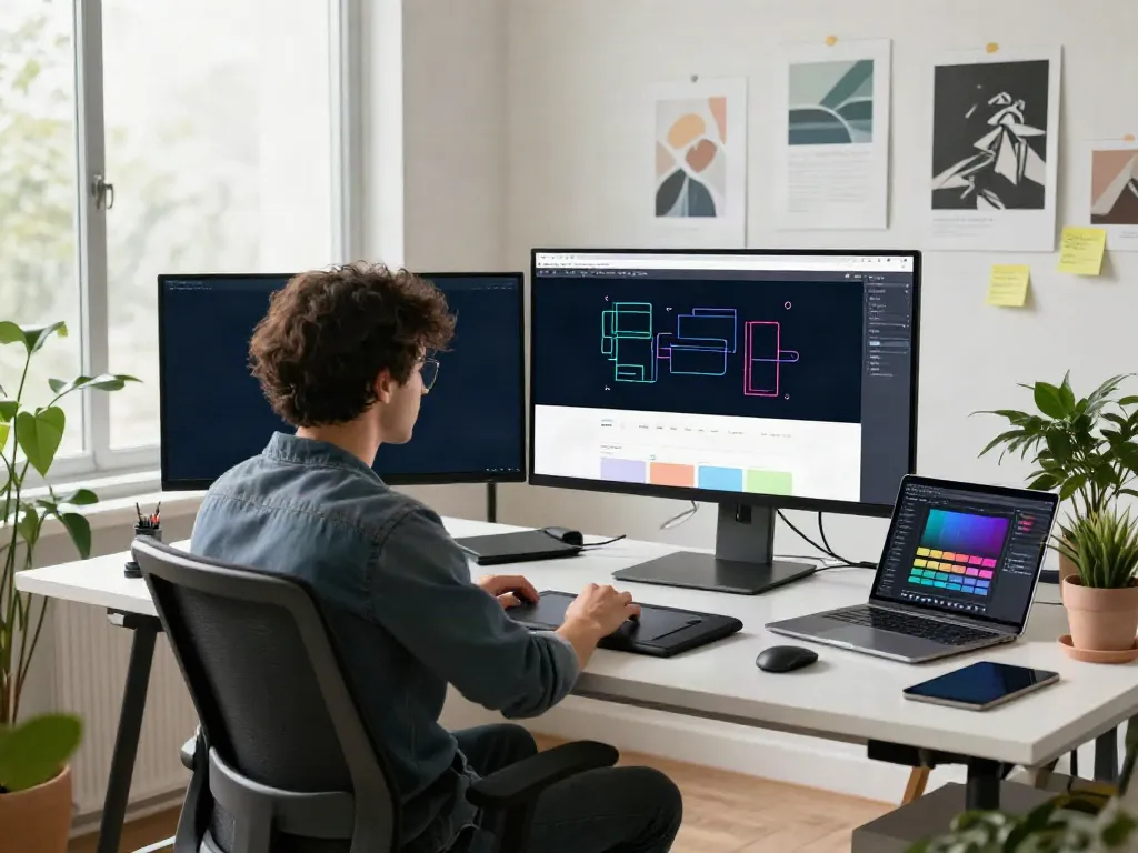 Graphic designer in a modern workspace showcasing a best site layout on screen with colorful wireframes.