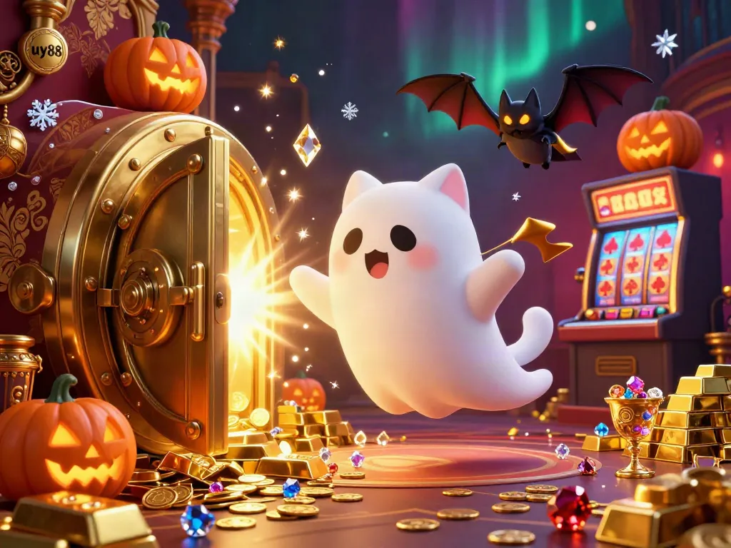 Experience excitement with uy88 as a friendly ghost cat haunts the casino, surrounded by treasure and glowing poker symbols.