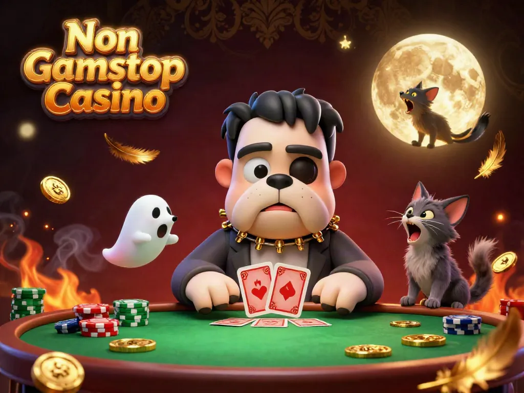 Experience the thrill at Non Gamstop Casino with a playful 3D illustration featuring cartoon characters dealing cards.