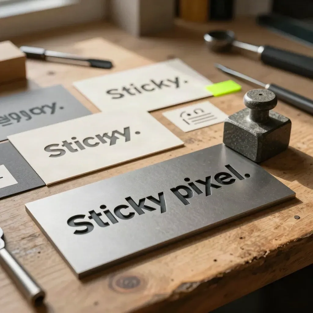 Logo cards and matte plaque on a warm workbench in soft window light.