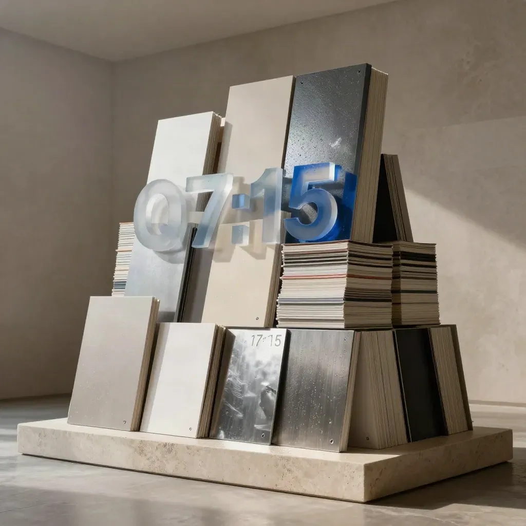 Low-angle studio installation of stacked brand boards, acrylic forms, swatch books and metal blanks.
