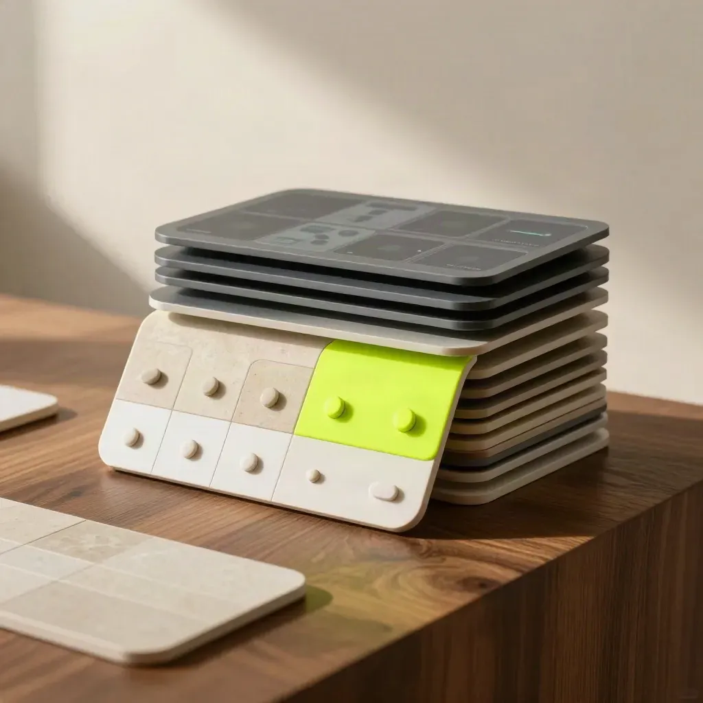 Layered UI mockup tiles fanning on a walnut surface with lime and graphite accents.