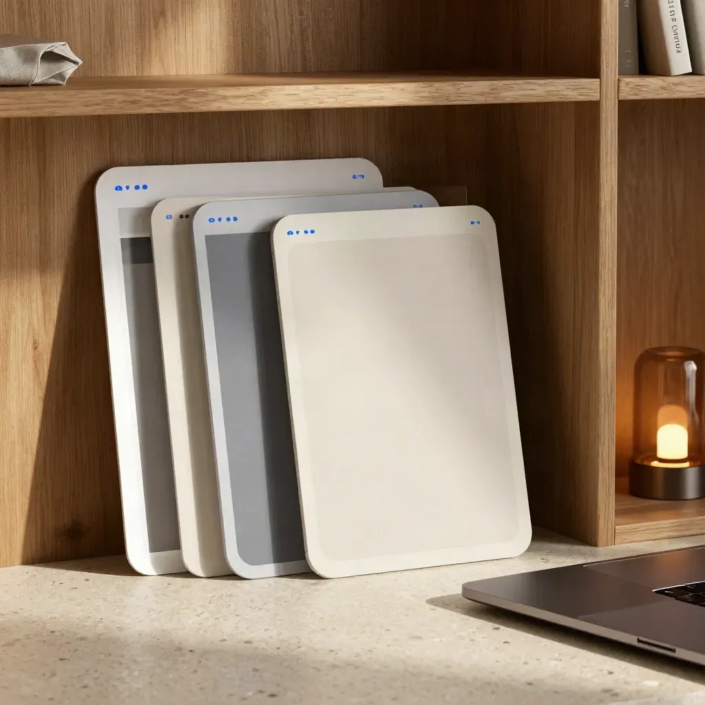 Layered website mockup boards with blue accents beside a turned-away laptop in a warm studio corner.