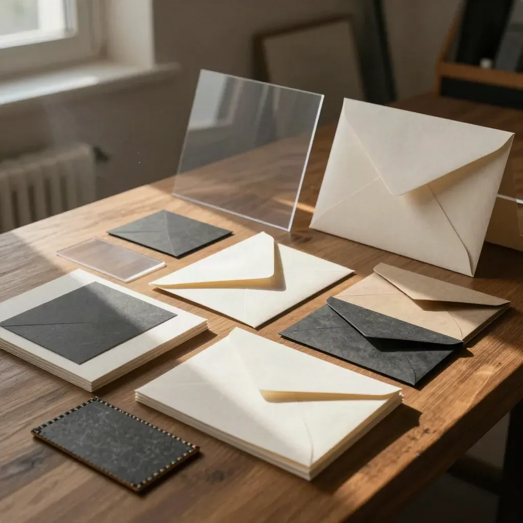 Brand identity system materials layered on a print bench in warm studio light.