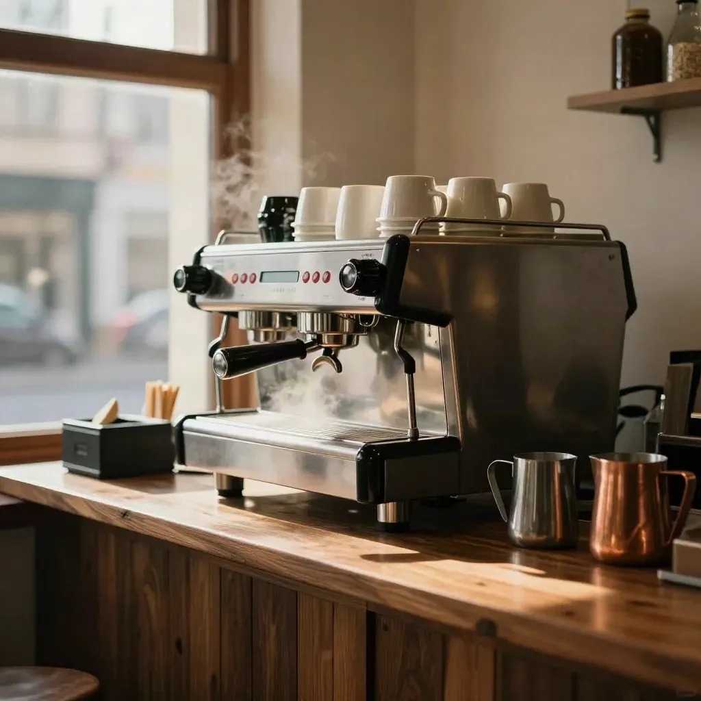 Warm espresso bar with steam, ceramic cups, and a stainless machine on a wooden counter.