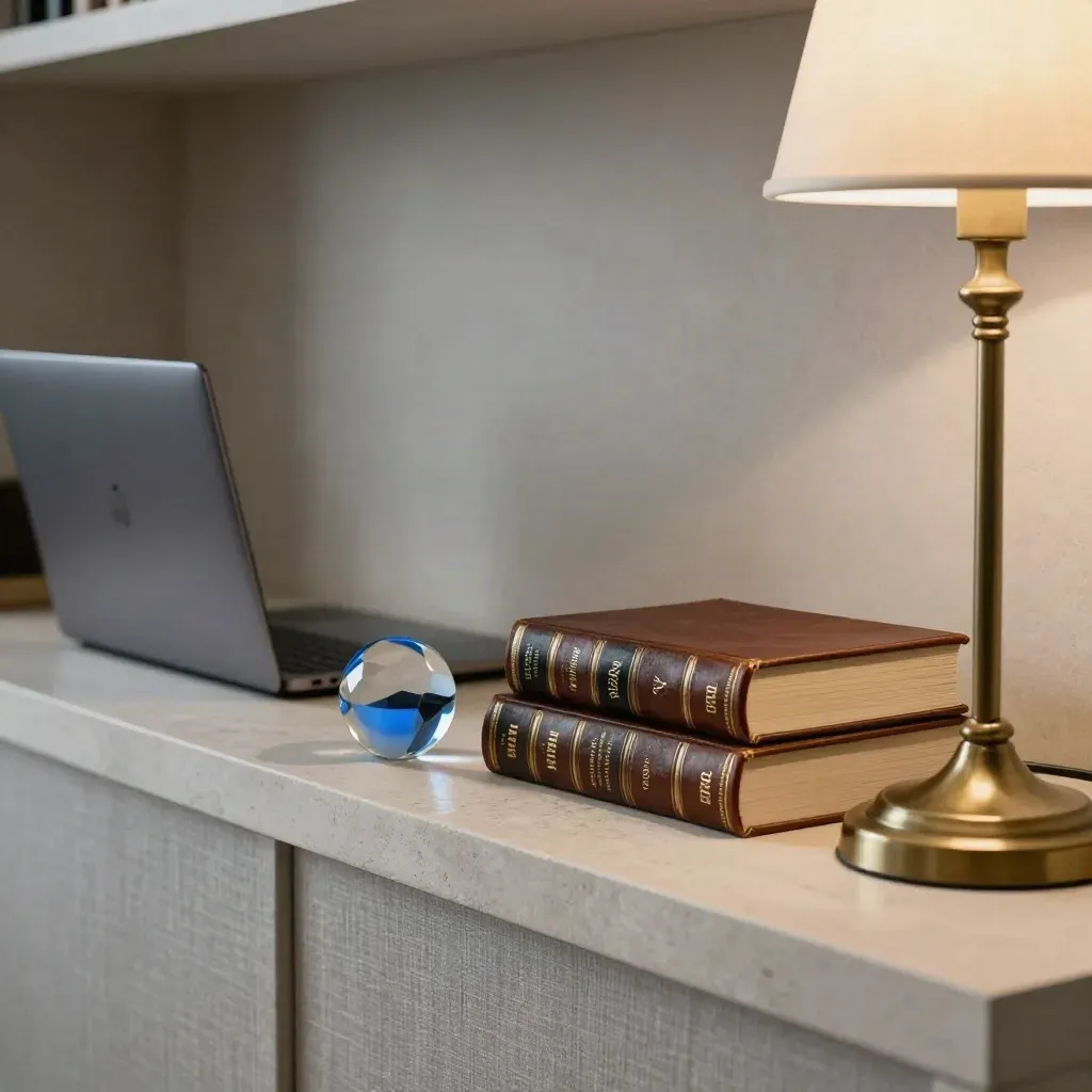 Law office shelf with laptop, law books, paperweight and brass lamp