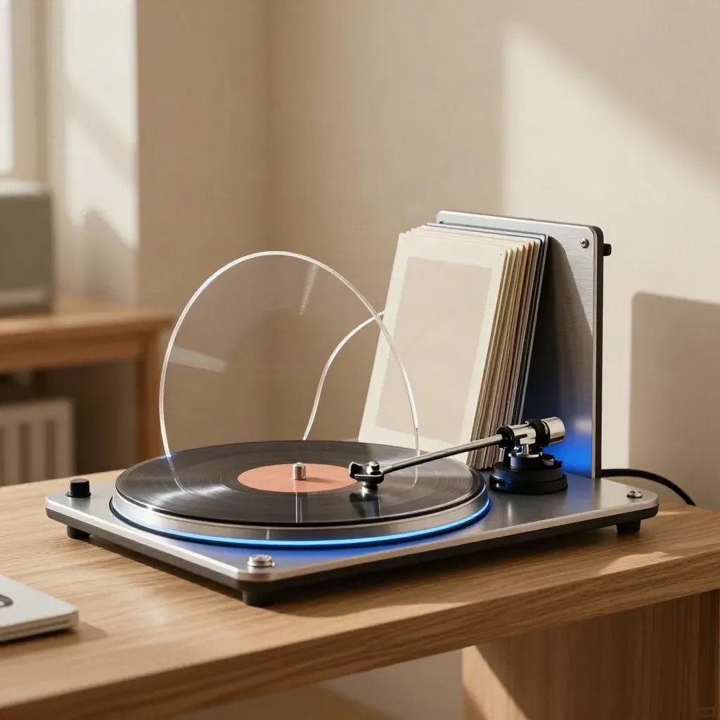 Motion asset rig with spinning chrome disc, acetate arcs, and blue-lit frame cards in a warm studio.