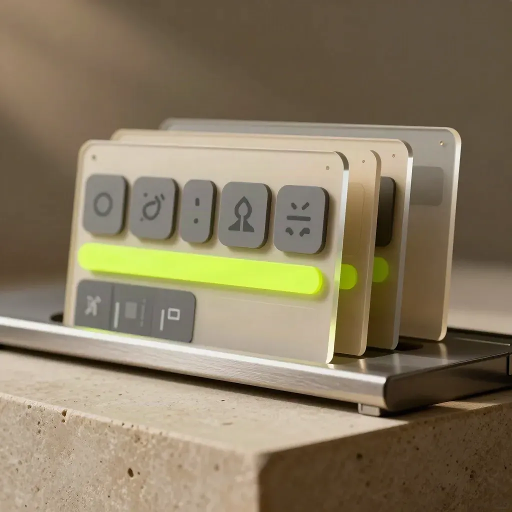 Close-up of modular SaaS interface panels and icon tiles on a sand stone plinth under raking light.