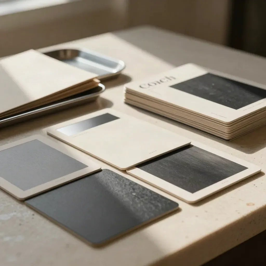 Fan of social template cards and content tiles on pale stone in warm daylight