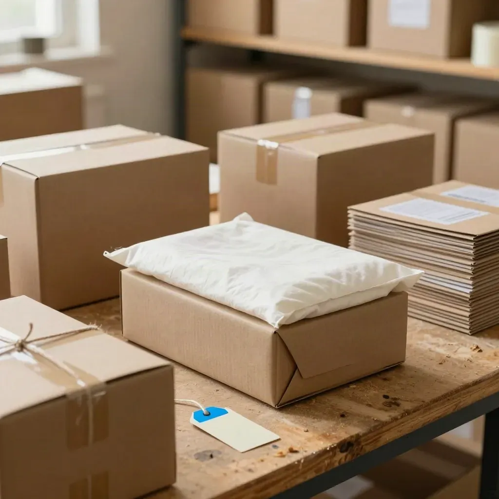 Kraft boxes, cotton mailer, and hang tags in a craft studio packing scene with a blue seal accent.