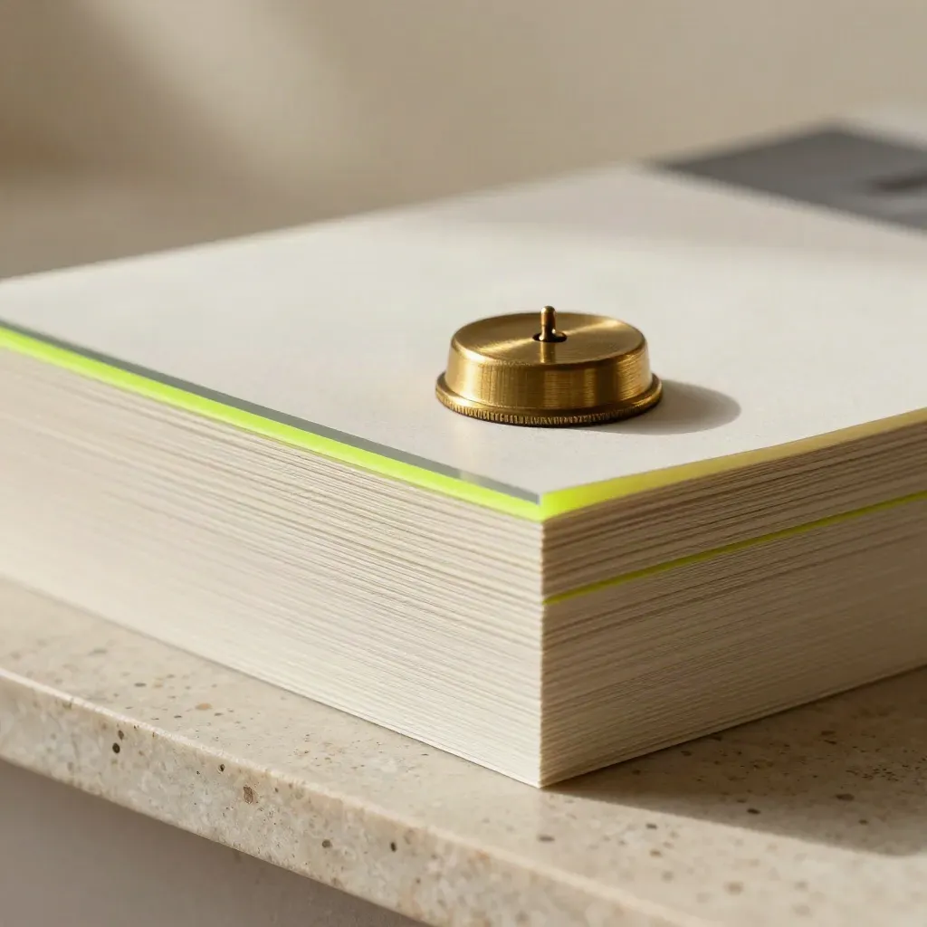 Macro stack of paper samples, acetate overlays, and a brass paperweight on travertine