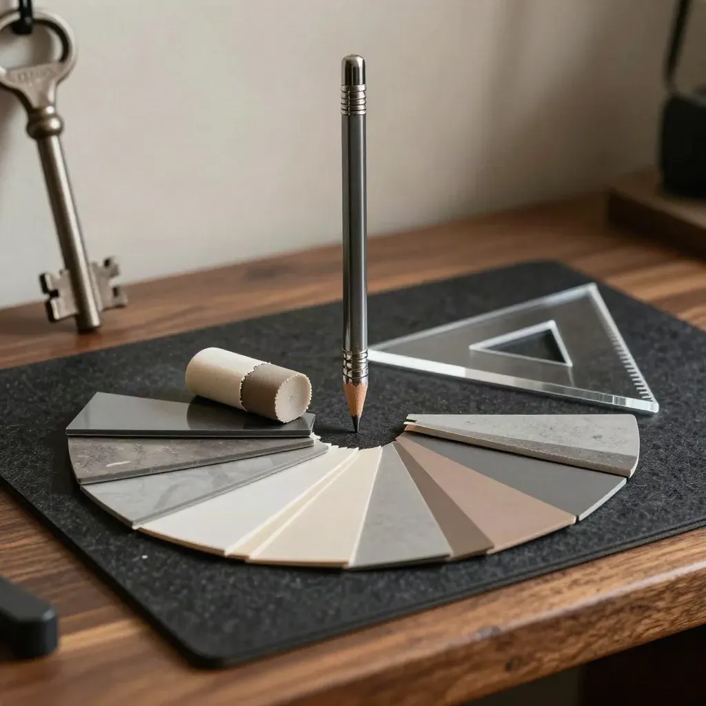 Mechanical pencil, eraser, triangles and colour chip ring on a drafting bench, side-lit in shadow