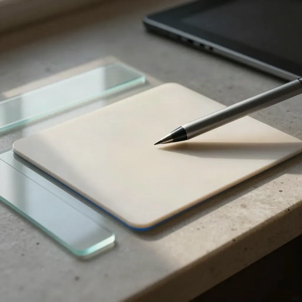 Tablet stylus, prototype tiles and frosted colour card on a UI designer’s bench.