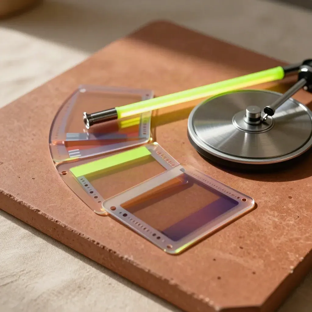 Acetate motion frames, chrome disc, and neon lime LED baton on terracotta slab