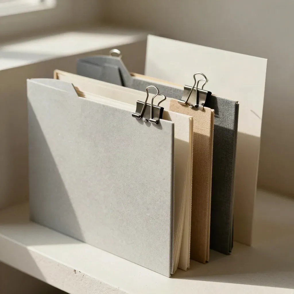 Charcoal folders, swatches, and binder clips stacked neatly on a pale plaster shelf.