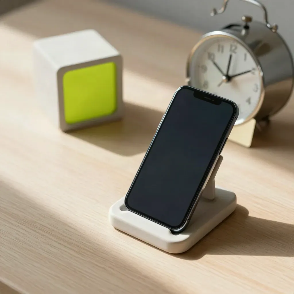 Smartphone on ceramic stand beside a clock and calendar cube on pale wood.