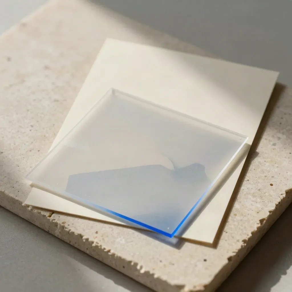 Overhead flatlay of acetate overlays, paper proofs and tracing sheet on pale stone with blue accent