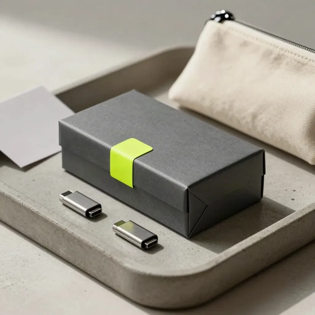 Archival box with two USB-C drives and a zip pouch on a concrete tray, ready for final delivery.