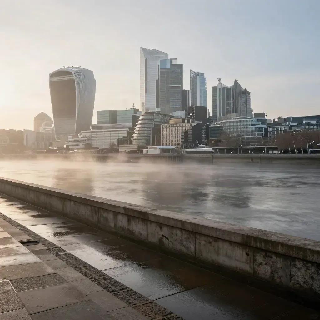 Thames skyline at dawn with City towers, river mist, and calm embankment stone