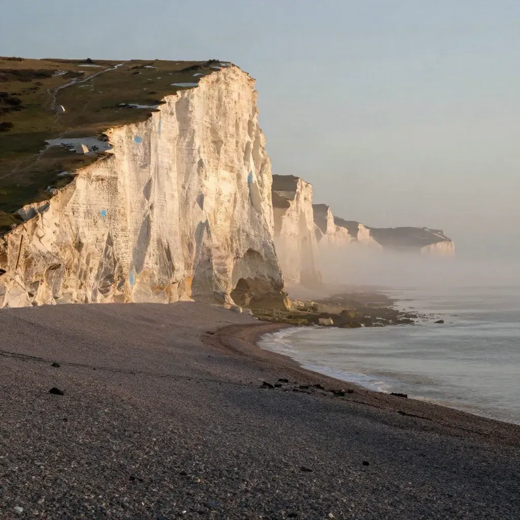 Golden-hour white chalk cliffs above a misty shingle shore, wide and calm for copy