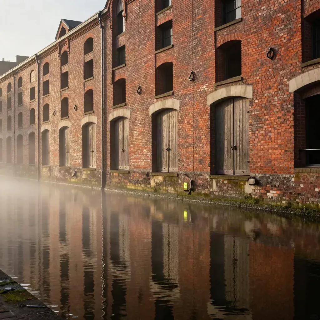 Red-brick warehouses recede along a hazy canal at golden hour, with calm reflective water below.