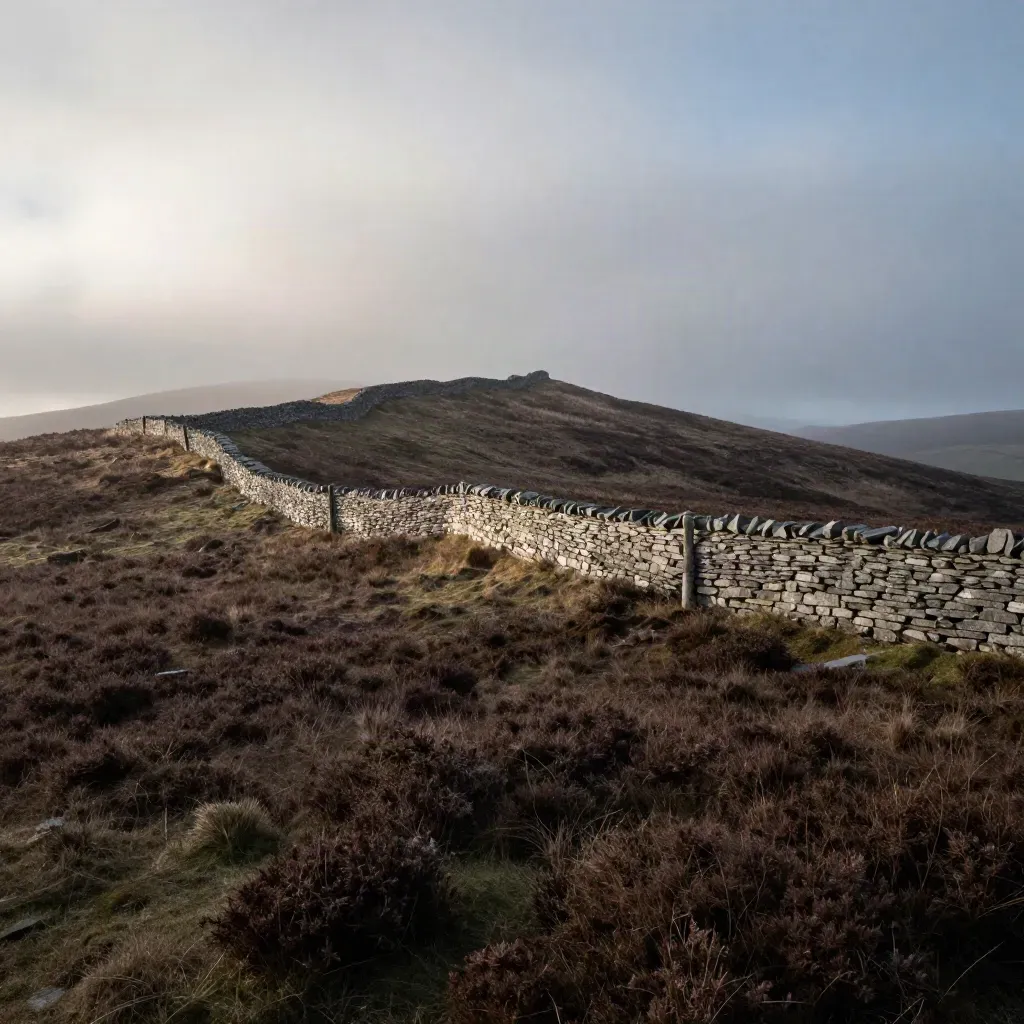 Slate moorland ridge with dry-stone wall, drifting cloud, misty hills, and open calm foreground.
