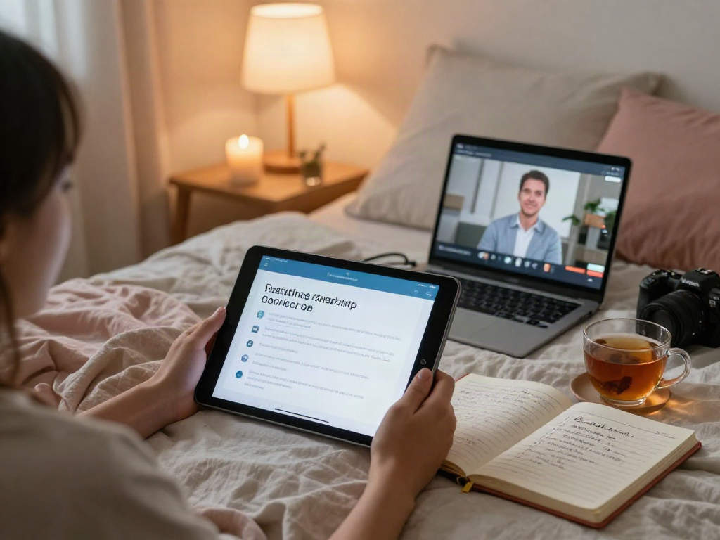 Engaging with a sex ai app for personalized coaching in a cozy bedroom setting.