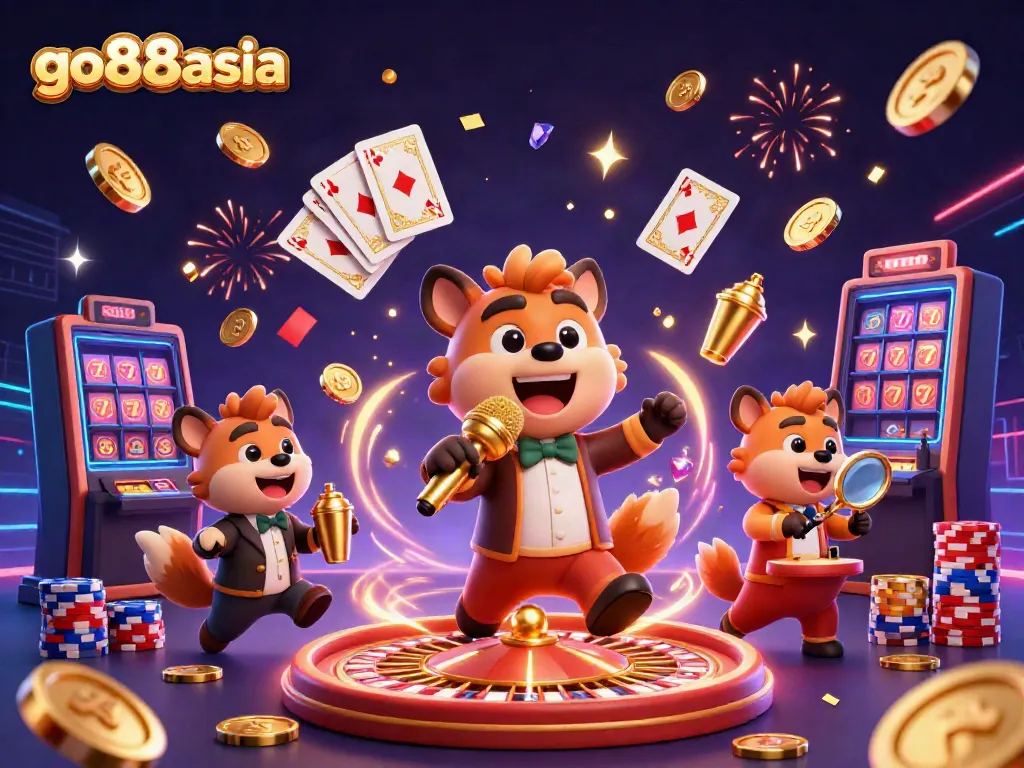 Experience an exciting comedy casino scene with go88asia featuring hyenas, golden coins, and vibrant game elements.