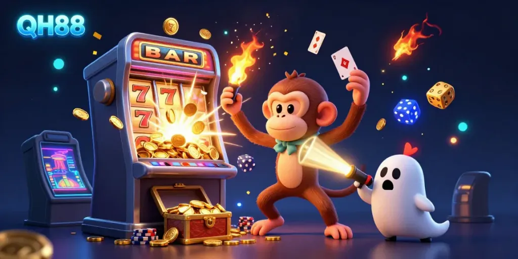Experience the excitement of QH88 with a playful monkey juggling golden gambling elements in a lively casino.
