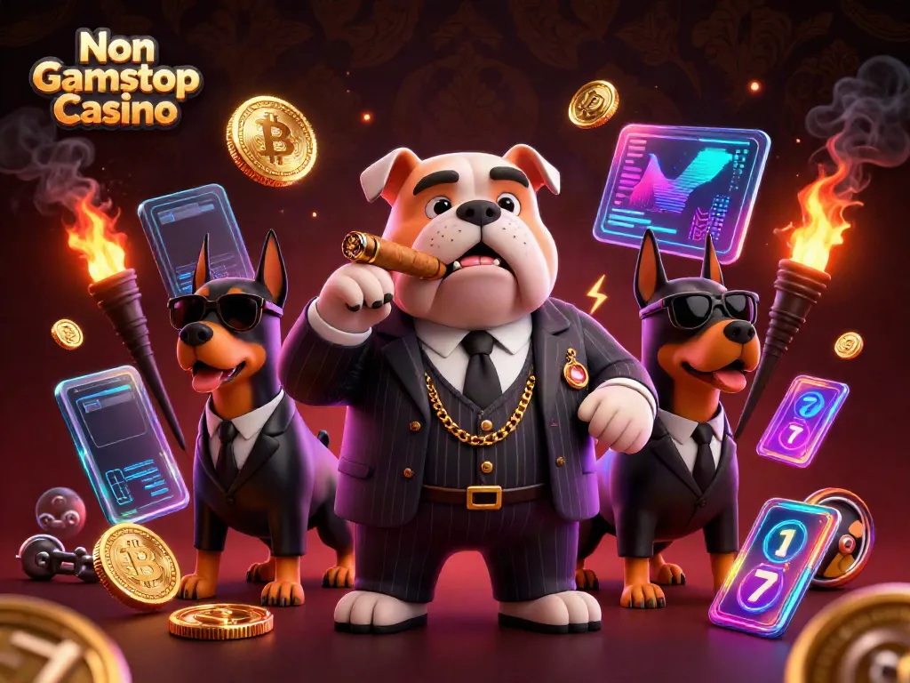 Experience the thrill at a Non Gamstop Casino with a cartoon bulldog mob boss and crypto elements.