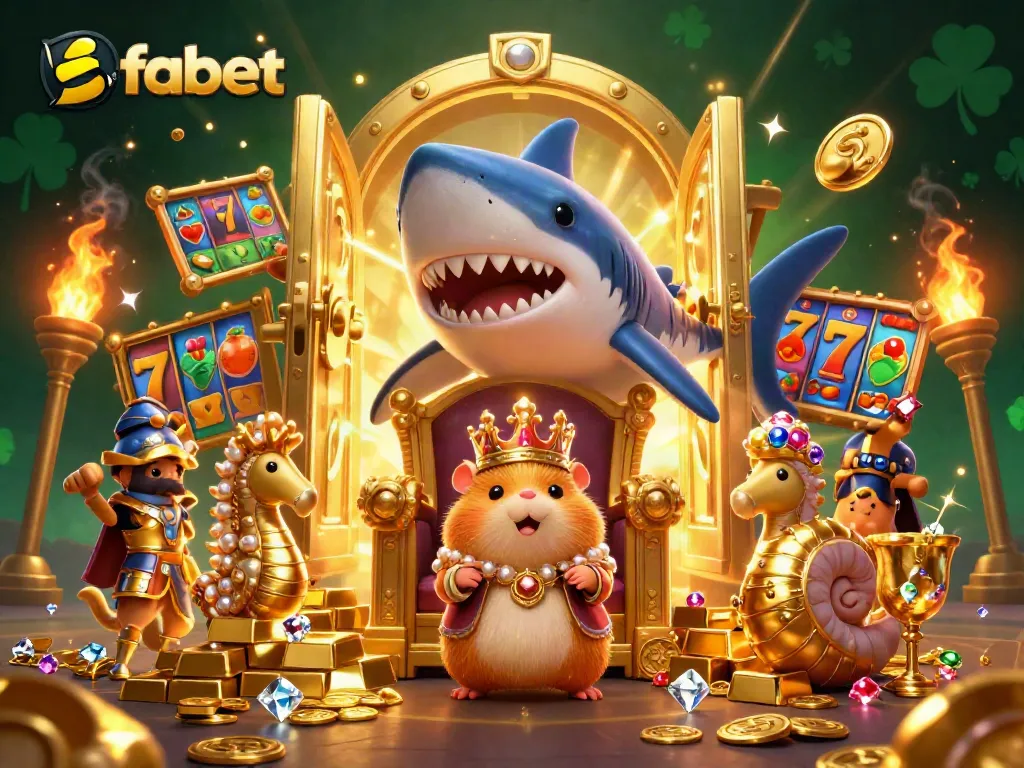 Win big at fabet with a golden hamster king ruling over a vibrant casino scene