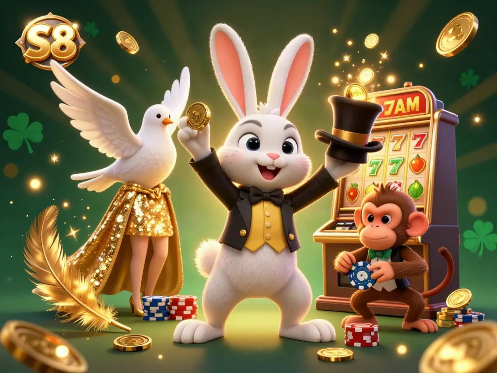 Enjoy thrilling casino action with S8 featuring a magician rabbit, dove assistant, and monkey with poker chips.