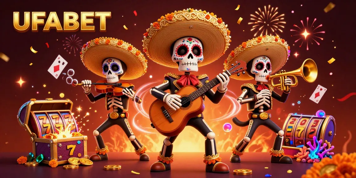 Experience the thrilling world of UFABET with vibrant slot elements and a festive mariachi band.